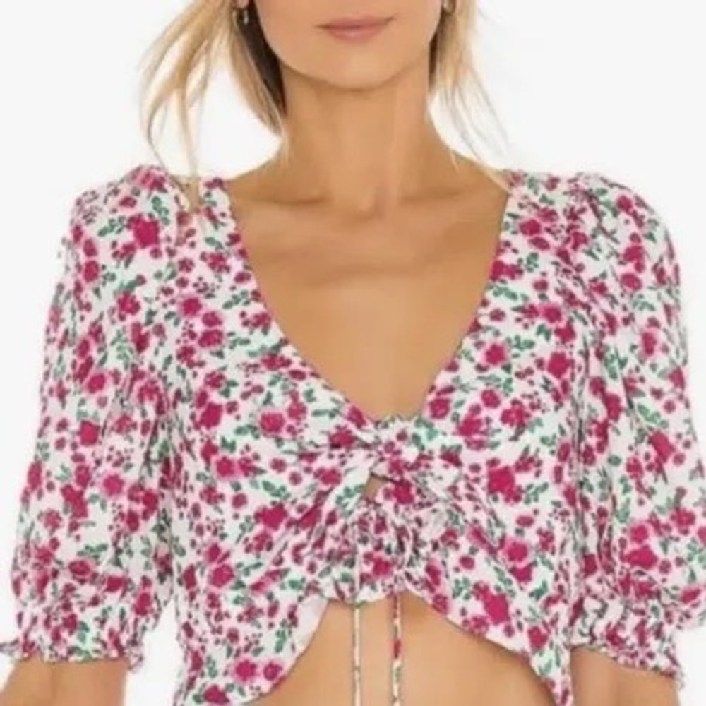 For Love & Lemons Floral Puff Sleeve Tie Front Crop Top Pink White Small